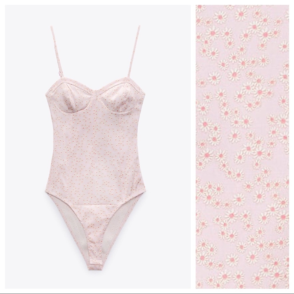 NWT. Zara Pink Floral Print Satin Effect Corsetry-Inspired Bodysuit. Size M.